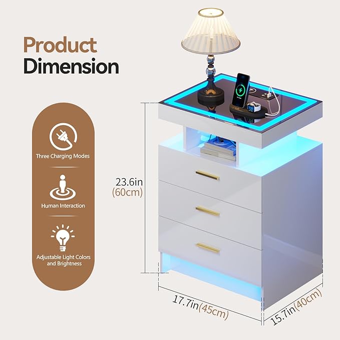 White Night Stand Set 2 with Wireless Charging Station,Smart Bedside Table with 3 Drawers,Modern Glass Top End Table with 3 Color Dimmable,LED Nightstand for Bedroom