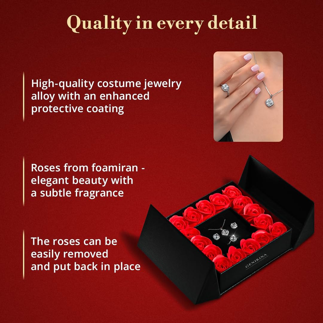 GENIRINA Preserved Rose with Necklace Gift Box - Preserved Real Rose Flowers with Cubic Zirconia Pendant Necklace, Earrings and Adjustable Ring in Beautiful Gift Box for Her Women Wife Mom Girlfriend