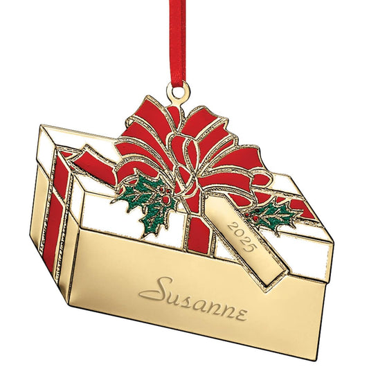 Custom Brass Present Ornament, Includes Red Hanging Ribbon, Seasonal Décor – Measures 3 ¼” Wide x 2 ½” High