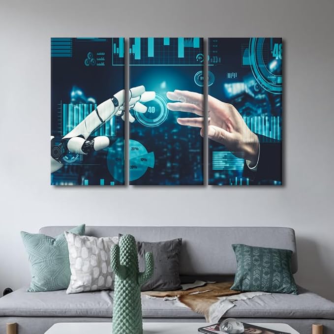 TUMOVO 3 Panels Wall Art Canvas Print Robot Paintings AI Intelligence Pictures Prints on Canvas Contemporary Wall Decor Modern Artwork Giclee Gallery-Wrapped Framed Ready to Hang, 60" Wx40