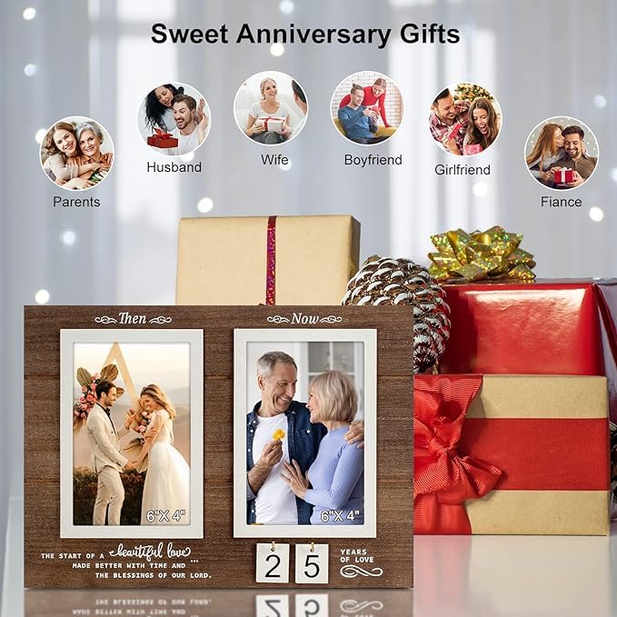 Then & Now Celebrate Years of Love Anniversary Frame, 1-99 Years Wedding Gift Ideas, Engagement Bridal Shower Gifts with Sentimental Quote,Holds 2 4x6 Inches Photos (Then & Now)