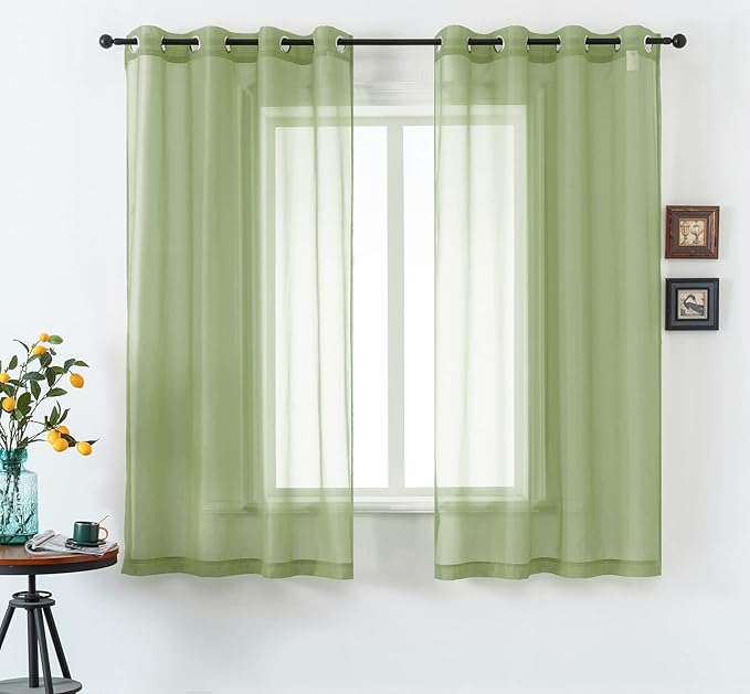 DUALIFE Sage Green Sheer Curtains 63 Inch Length for Kitchen 2 Panels Set with Grommet Window Treatments for Living Room Bathroom Dining Room St Patric Day Decor 52X63 Inches Long(Light Green)