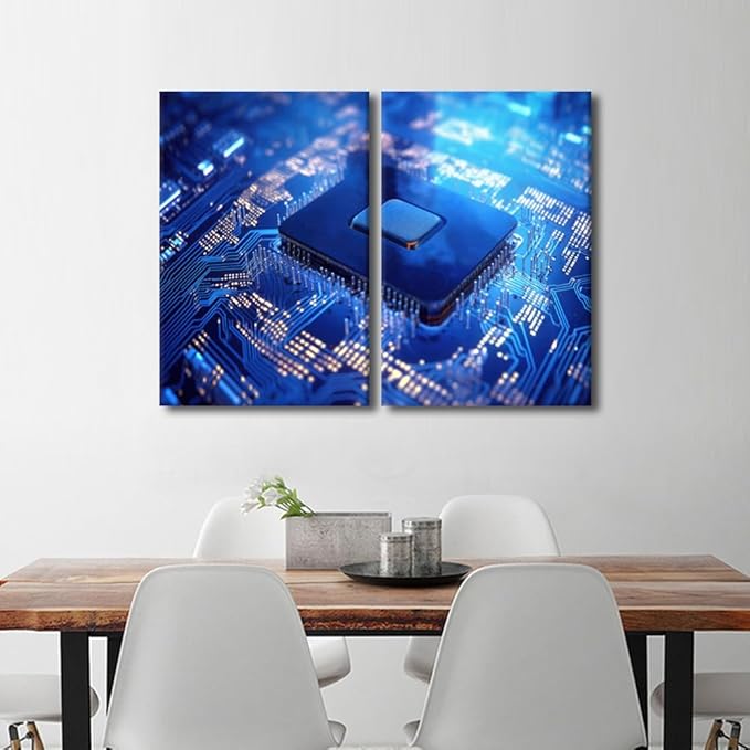 3 Pieces Circuit Board Decor Pictures Paintings Semiconductor Chip Canvas Wall Art Artwok Home Decor for Living Room Minimalism Giclee Stretched Framed Art Ready to Hang, 24" Wx16 H