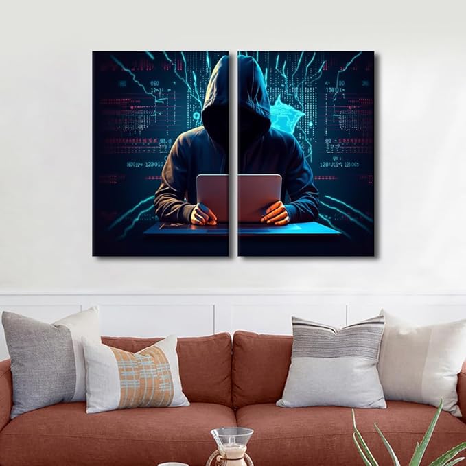 3 Pieces Home Decor Hacker Malware Wall Art Paintings Big Data Pictures Artwork Home Decor for Living Room Giclee Framed Gallery-Wrapped Ready to Hang Posters and Prints, 24" Wx16 H