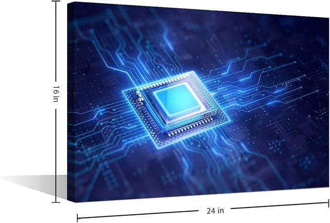 TUMOVO Glowing CPU Wall Art AI Pictures Print On Canvas Futuristic CPU Modern Artwork Circuit Board Wall Art for Living Room Office Giclee Gallery Posters and Prints Framed Ready to Hang, 24x16in