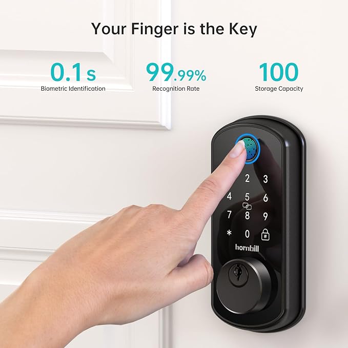 WiFi Smart Door Lock Set: Hornbill Keyless Entry Door Lock Deadbolt with Handle Set Fingerprint Front Door Lock with 2 Knobs Alexa Bluetooth Remote Code Auto Lock for Home Hotel Security Black