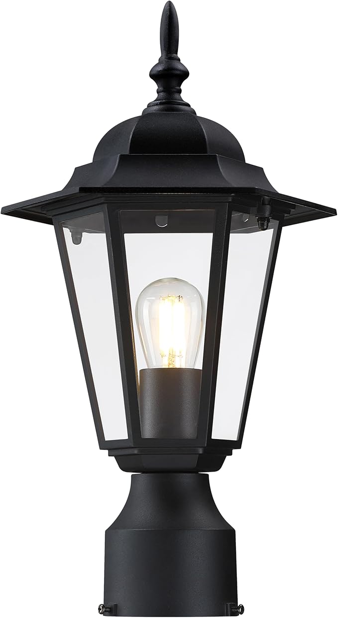 Outdoor Post Light, Pole Lantern, Waterproof Die-Cast Aluminum Pole Light Fixture with Glass, Exterior Post Lamp for Garden Yard Patio Pathway, Matte Black, 1-Pack