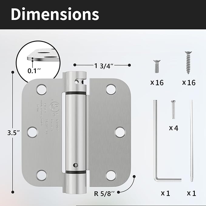 2 Pack Self Closing Door Hinges 3.5 Inch, Spring Door Hinge with 5/8'' Radius Corners, Adjustable Tension for Garage, Front, Back Door, UL Listed, Left and Right Hand, Brushed Nickel