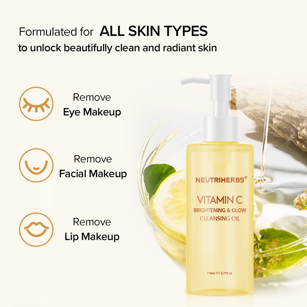 Neutriherbs Makeup Remover Oil Cleanser, Vitamin C Cleansing Oil for Long Last and Waterproof Makeup, Sunscreen, Fit All Skin Type - 3.71 Fl.Oz