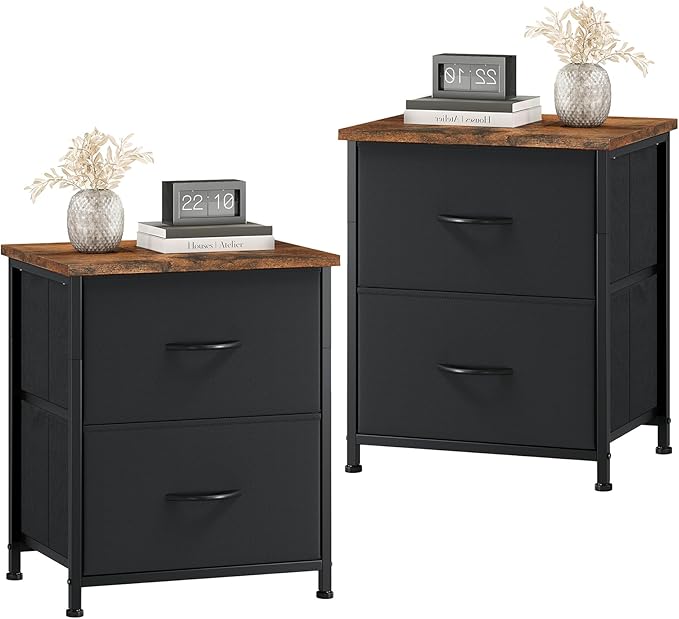 Somdot Nightstand Set of 2, Small Dresser for Bedroom with 2 Drawers,Night Stand Bedside Table End Table with Fabric Bins for Bedroom Kids Closet Dorm Guest Room, Black Rustic Brown