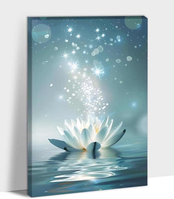 Zen White Lotus Flower Canvas Wall Art, Lotus Flower Pictures Bathroom Zen Print, Spiritual Water Lily Canvas Prints, Lotus Bloom on Water Poster, Zen Calm Relax Artwork for Yoga Spa Room 28x40 inch