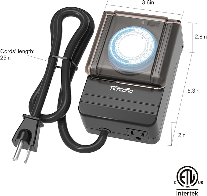 TiFFCOFiO Outdoor Timer Outlet Waterproof, 24 Hour Mechanical Light Timer Outdoor, 2 Grounded Outlets for Home and Garden, 15A 1/2HP, Heavy Duty, ETL Listed (15 Min Interval)