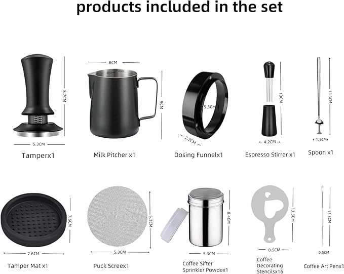 25 PCS Espresso Accessories - 53mm Coffee Tamper Set, with Tamper, WDT Tool,Stirrer, Frothing Pitcher, Latte Art Pen, Tamper Mat, Stencils for Machine, Dosing Funnel, Coffee Sifter Sprinkler Powder