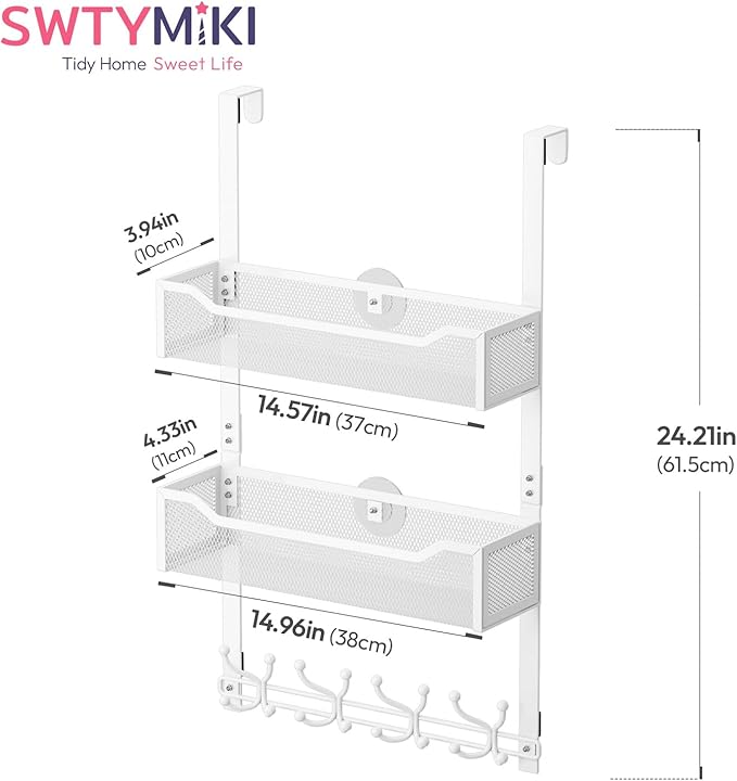 SWTYMIKI Over The Door Hook with 16 Hooks & 2 Mesh Baskets - Heavy Duty Over The Door Organizer Hanger for Towels, Coats, Clothes - Space Saving Hanging Rack for Bathroom, Living Room, White