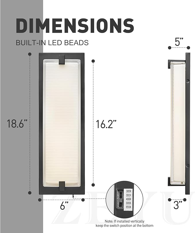 zeyu 19'' Indoor Large Wall Sconce, 30W Dimmable LED Sconce Wall Light for Bedroom, 5 Color Temperatures Adjustable, Black Finish with Clear Glass Shade, ZTH100BM-LED BK