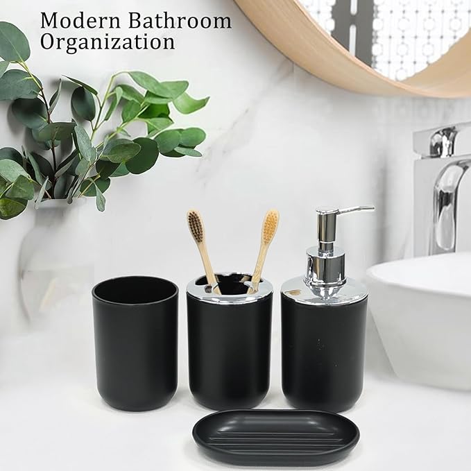 CERBIOR Bathroom Accessories Set 6 Piece Bath Ensemble Includes Soap Dispenser, Toothbrush Holder, Toothbrush Cup, Soap Dish for Decorative Countertop and Housewarming Gift (Shiny black-6pcs)