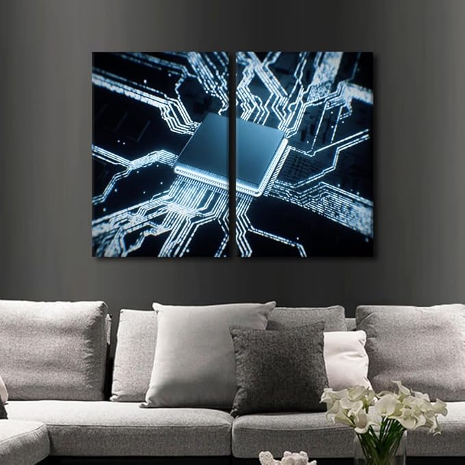 Semiconductor Chip Paintings for Living Room Pictures Circuit Boards Wall Art 3 Pieces Canvas Artwork Home Decorations Framed Gallery-Wrapped Stretched Ready to Hang, 24" Wx16 H