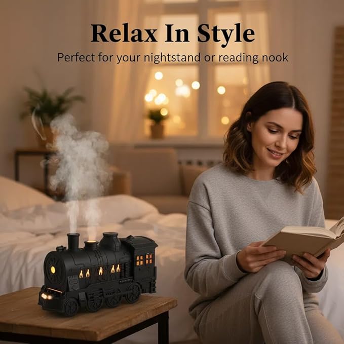 Train Humidifier with Essential Oil Diffuser - 300ML Large Capacity Ultrasonic Dual Mist Output, 4Color LED Night Light with Remote Control, Auto-Off, Ultra Quiet for Bedroom Office Desk (Black)