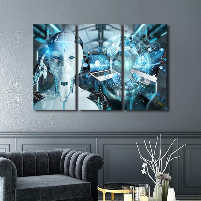 3 Pieces Canvas Wall Art AI Intelligence Picture Black Paintings for Wall Decorations Data Analysis Modern Artwork Stretched Canvas Prints Robot Posters and Prints Framed Ready to Hang, 60"Wx40"H