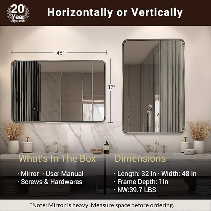 ANDY STAR 48x32 Inch Brushed Nickel Bathroom Mirror, Rounded Rectangle Bathroom Vanity Mirrors for Wall, Anti-Rust SUS304, Seamless Tube Metal Frame, 1’’ Deep Wall Mounted Vertically/Horizontal