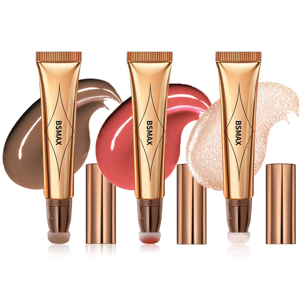 3 Pcs Liquid Contour Beauty Wand Set, Contour & Blush & Highlighter Stick with Cushion Applicator， Attached Easy to Blend, Long Lasting & Smooth Natural Matte Finish (01#03#04)