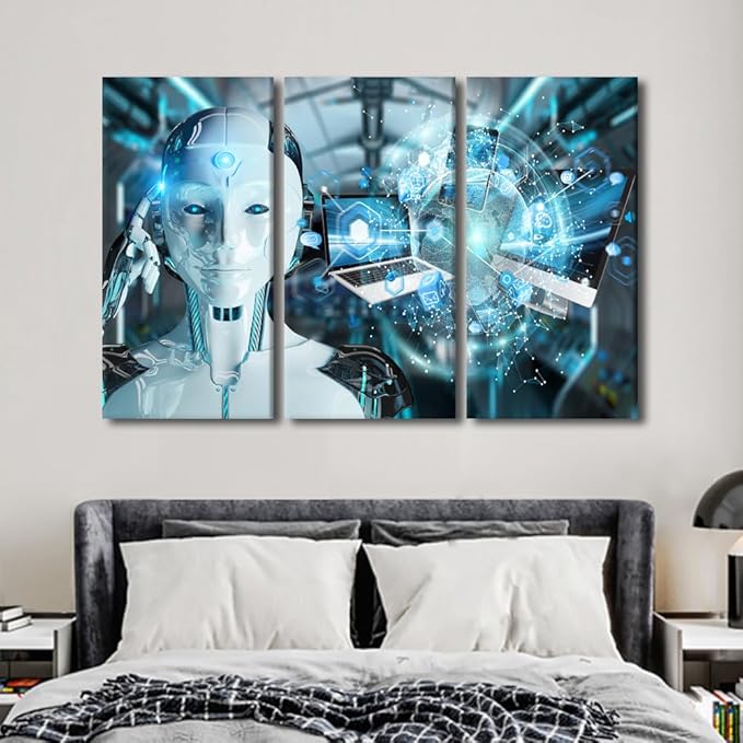 3 Pieces Canvas Wall Art AI Intelligence Picture Black Paintings for Wall Decorations Data Analysis Modern Artwork Stretched Canvas Prints Robot Posters and Prints Framed Ready to Hang, 60"Wx40"H