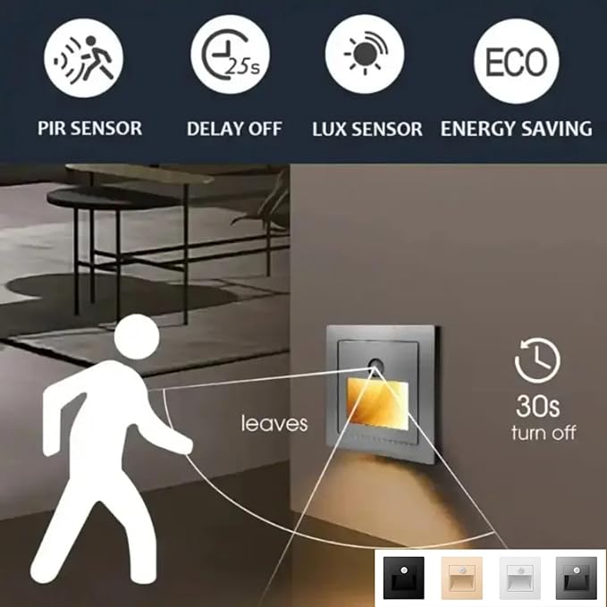 4 Pack Motion Detector Sensor LED Stair Light Infrared Human Body Induction Lamp Recessed Steps Ladder Staircase Bedroom Decoration LED Night for Kitchen, Bathroom, Stairs