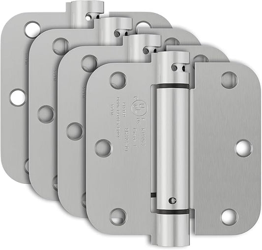 4 Pack Self Closing Door Hinges 3.5 Inch, Spring Door Hinge with 5/8'' Radius Corners, Adjustable Tension for Garage, Front, Back Door, UL Listed, Left and Right Hand, Brushed Nickel
