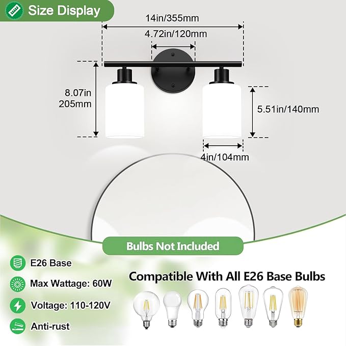 2-Light Bathroom Light Fixtures,Black Modern Vanity Lights with Milky White Frosted Glass Shades,Bathroom Wall Lamp for Mirror Kitchen Living Room Hallway Cabinet Porch