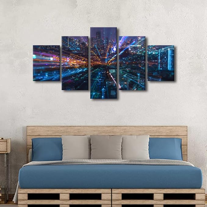 Bangkok Cityscape Wall Art Smart City and Digital Poster 5 Panel Canvas Connection Concept Picture Decoration Modern Home Decor for Living Room Decor Frame and Stretched Ready to Hang 60x32 Inch