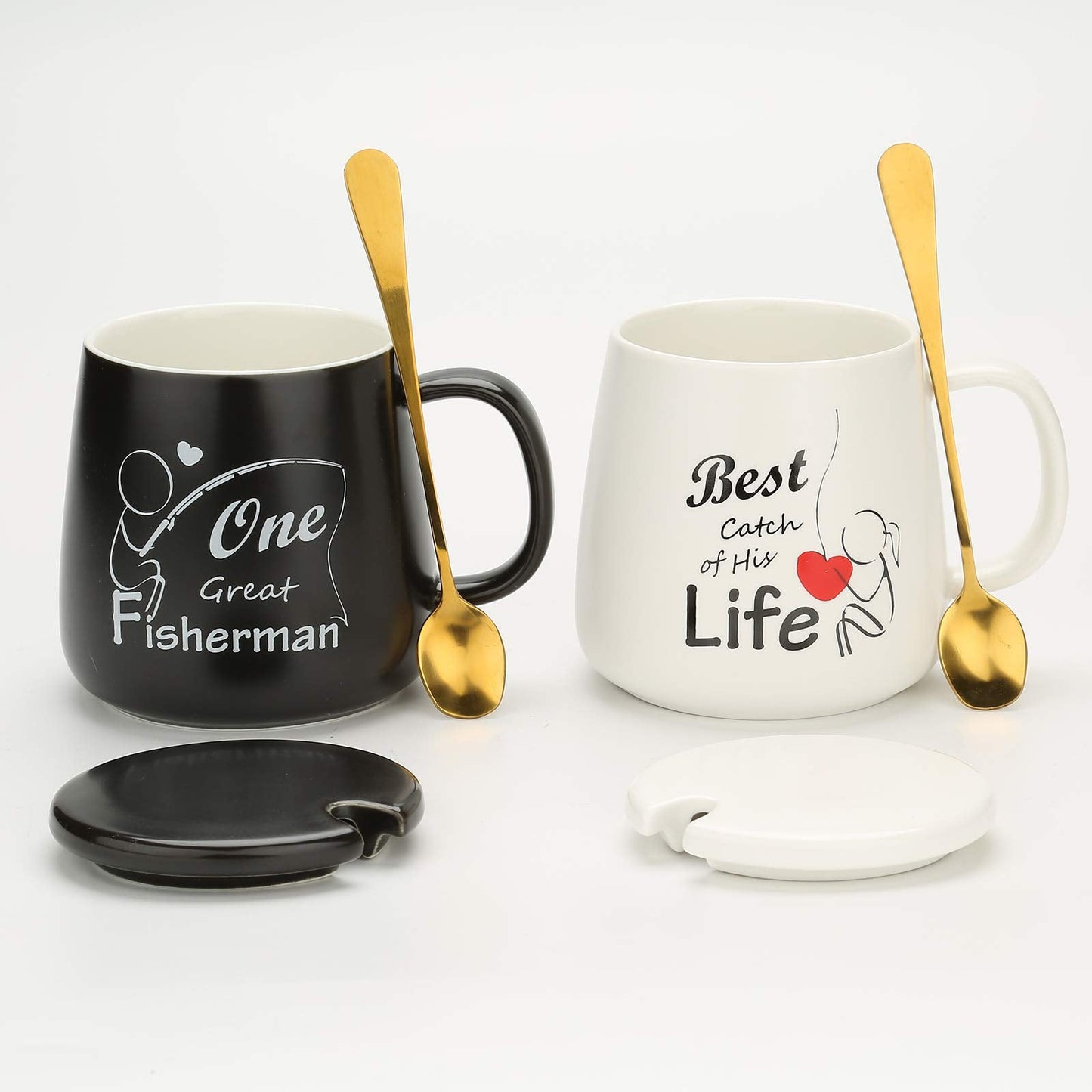 One Great Fisherman, Best Catch of His Life Coffee Mugs Mr Mrs Gift Set - Unique Anniversary Engagement Wedding Gifts for Couples - Funny Idea for Lovers Friends Parents Housewarming -15 OZ