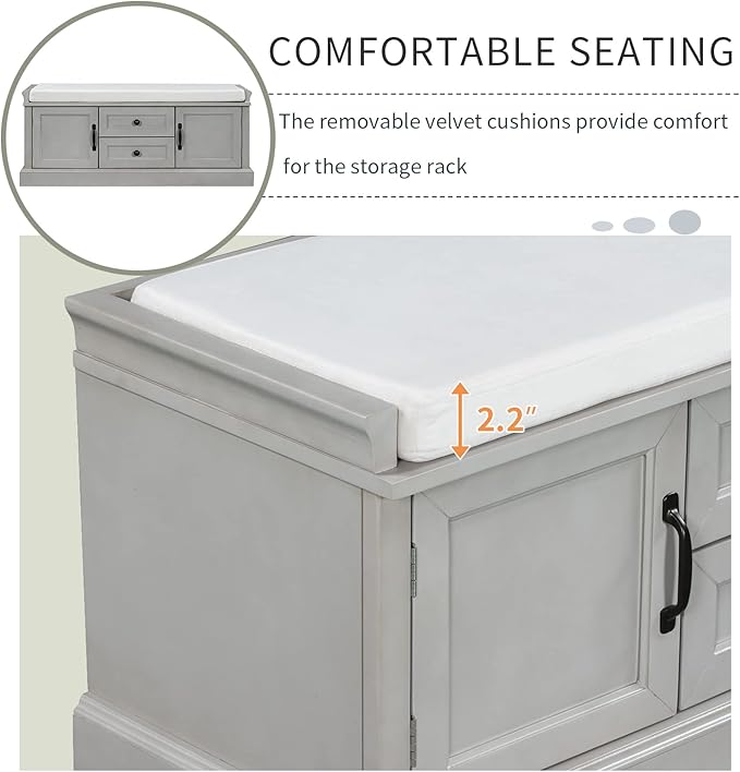 Merax Classic Wood Shoe Storage Bench with Drawers and Seat Cushion for Entryway Hallway Front Door Gray Wash