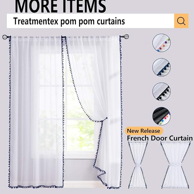 Treatmentex Pom-Pom Pink Sheer Curtains for Girl's Room 95 inches Linen Textured Look Red Sheer Window Draperies for Bedroom Living Room, 52" w x 2 Panels, Rod Pocket