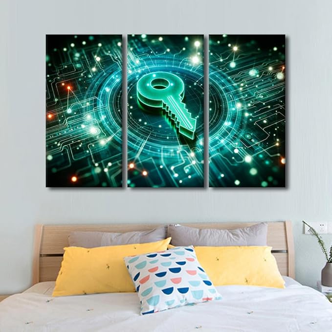 Large Canvas Wall Art Digital Security and Data Protection Concept Picture Posters for Bedroom Office Wall Decoration, Stretched Framed Gallery-Wrapped Ready to Hang, 60" Wx40 H