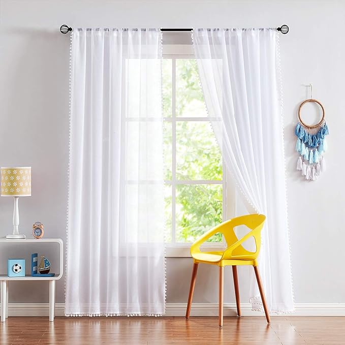 Treatmentex Pompom Sheer White Curtains for Living Room 84" Long Linen Textured Window Curtain Draperies for Bedroom 52" W, 1 Pair