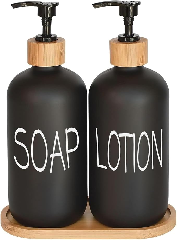Black Soap Dispenser Bathroom Set, Set with Glass Dispenser, Bamboo Pumps & Tray. Hand and Lotion Suitable for Farmhouse Decor