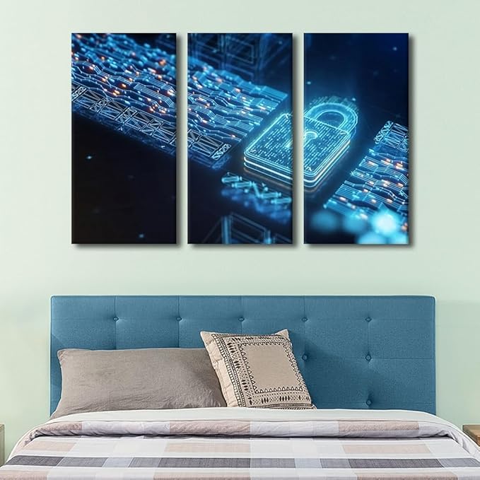 TUMOVO 3 Panel Canvas Wall Art Cybersecurity and Privacy Concepts to Protect Data Posters Modern Canvas Print for Living Room Bedroom Wall Decoration Wooden Framed Ready to Hang, 60" Wx40 H