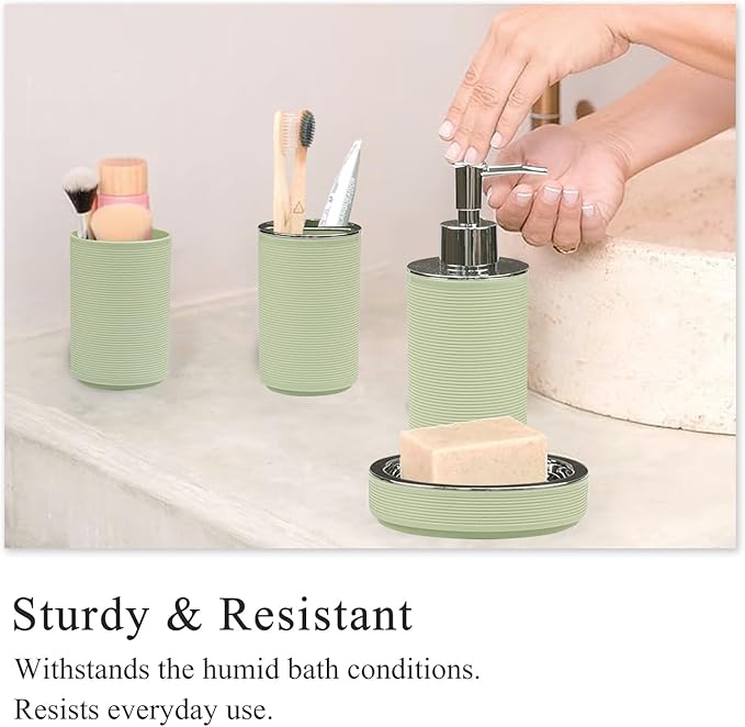 CERBIOR Bathroom Accessories Set Bath Ensemble Includes Soap Dispenser, Toothbrush Holder, Toothbrush Cup, Soap Dish for Decorative Countertop and Housewarming Gift (Apple Green)