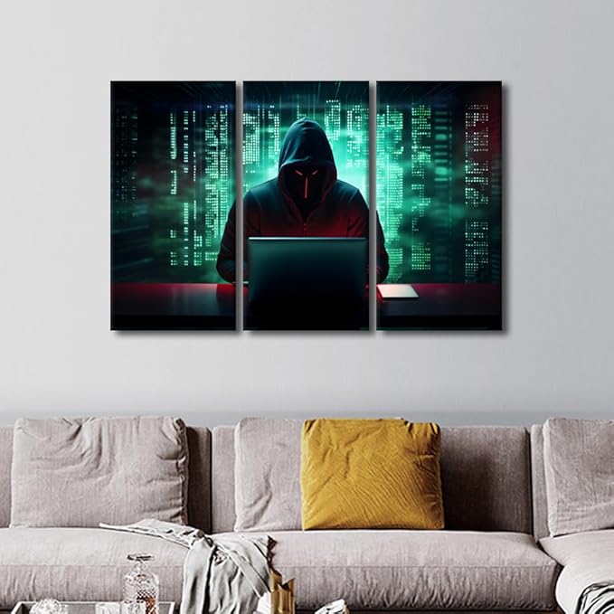 TUMOVO Hacker Malware Wall Art AI Big Data Canvas Art Prints Hacker Artwork 3 Pieces Canvas Wall Art Wall Decor Hacker Posters and Prints Contemporary Home Decor Framed Ready to Hang, 42" Wx28 H