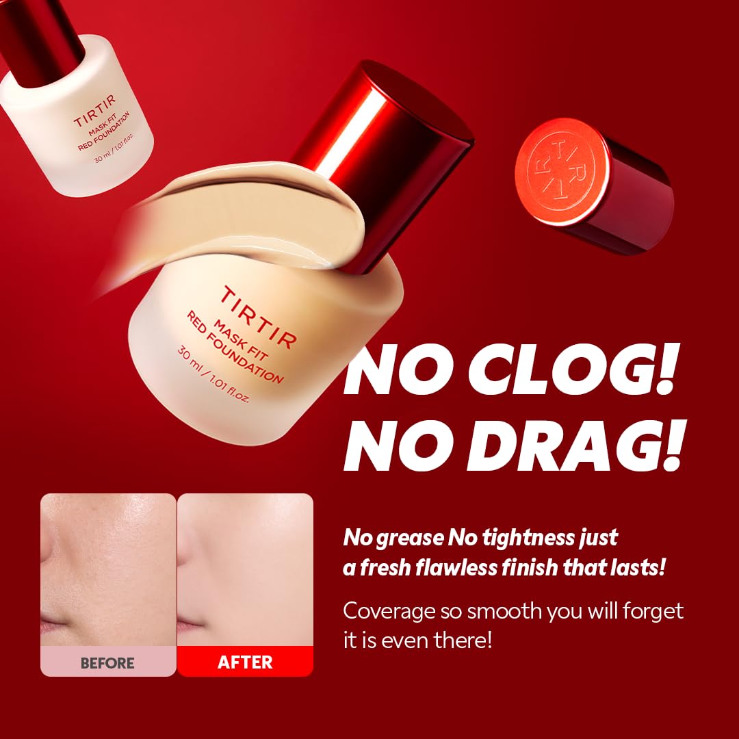 TIRTIR Mask Fit Red FoundationㅣLong Lasting Flawless Coverage, Energy Essence, Lightweight, Hydrating, Pore-Blurring, Breathable Satin Finish, Makeup, Radiant Skin, #22N Shell Beige, 1.01 Fl Oz