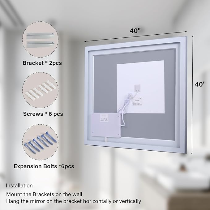 40"x 40" LED Bathroom Mirror, Backlit + Front Lit, LED Bathroom Mirror with Lights for Wall, 3 Colors, Anti-Fog, Dimmable Brightness, Tempered Glass