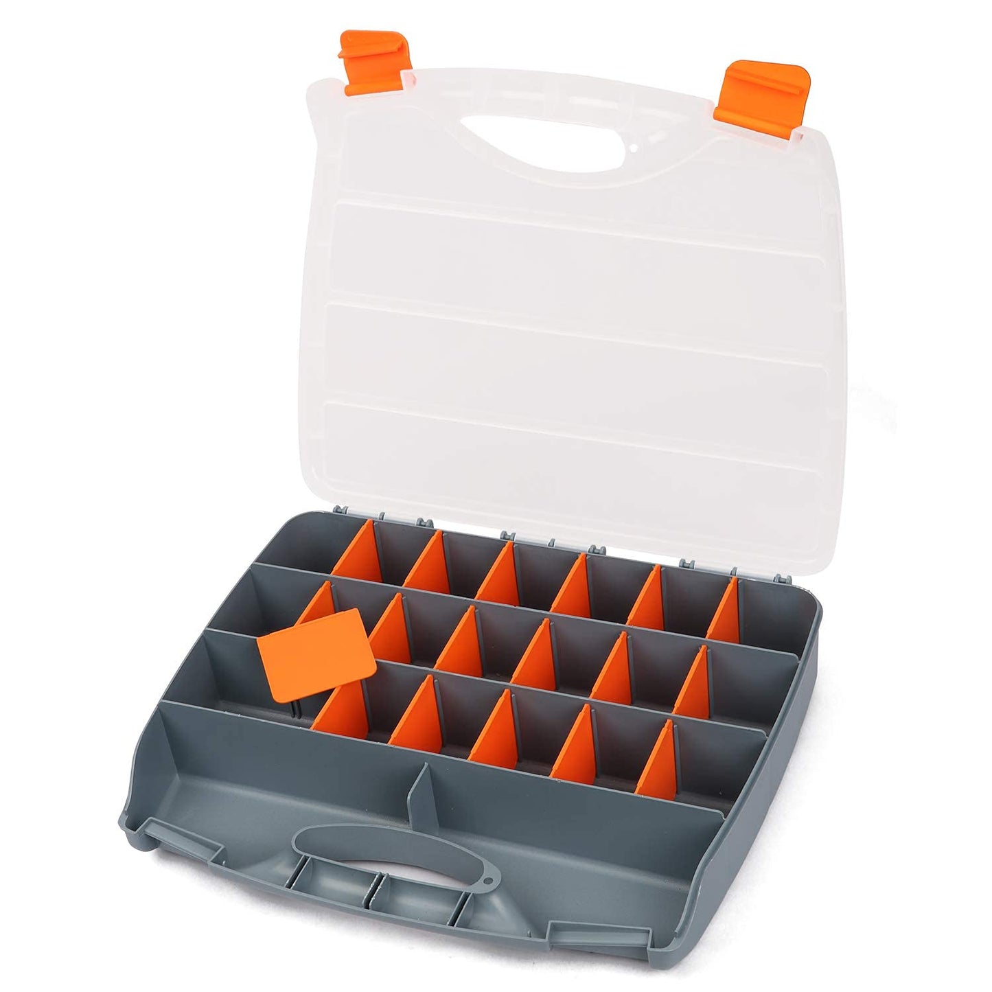 Makitoyo Hardware Storage Box Tools Organizer Container with Handle and Clear Lid, 21 Adjustable Compartments and 2 Fixed Sections,Perfect for Screws,Nuts, Bolts and Small Parts,15"L x 12.9""W x 2.9""H"