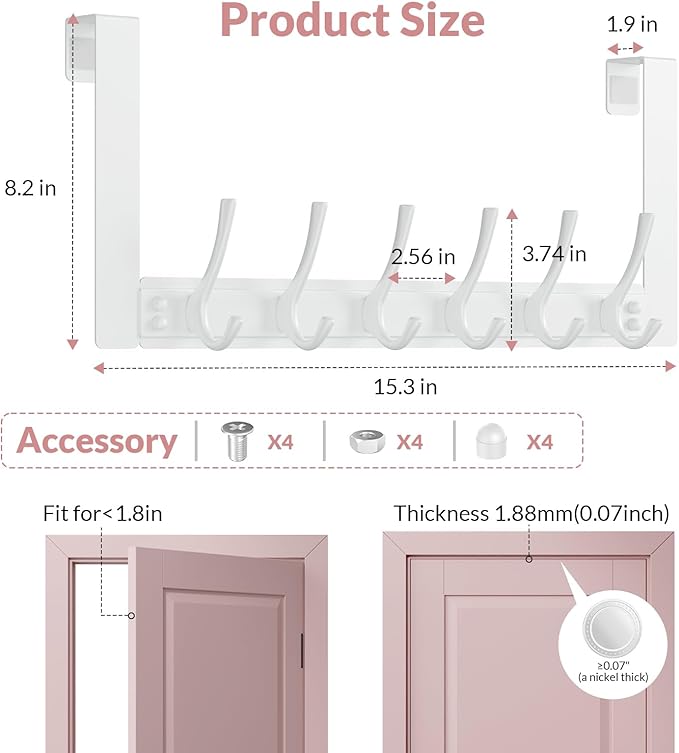 BAKON Over The Door Hooks with 6 Hook, Heavy Duty Over Door Hanger for Hanging Clothes Coat Hat Jacket, Door Coat Rack for Bathroom Closet Laundry Bedroom Kitchen Living Room Home Organizer(1, White)