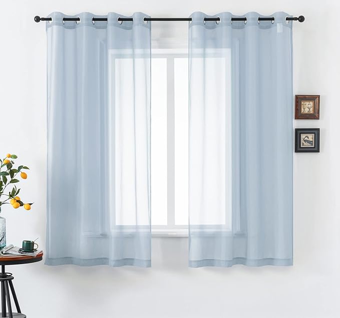 DUALIFE Dusty Blue Curtains 63 Inch Length for Bedroom Decor Set of 2 Panels Grommet Window Look Semi Sheer Volie Transparent Blue Sheer Curtains for Boys Room Living Room 52x63 Inches Long