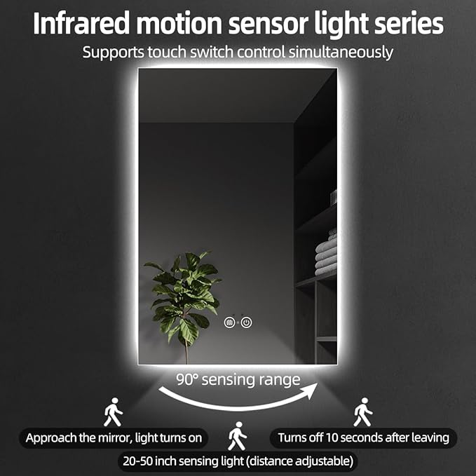 Backlit LED Bathroom Mirror, Infrared Motion Sensor Vanity Mirror with 3-Color Lights, Stepless Dimmable Wall Lighted Mirror with Anti-Fog, Memory, Rectangular (36" H x 28" W)