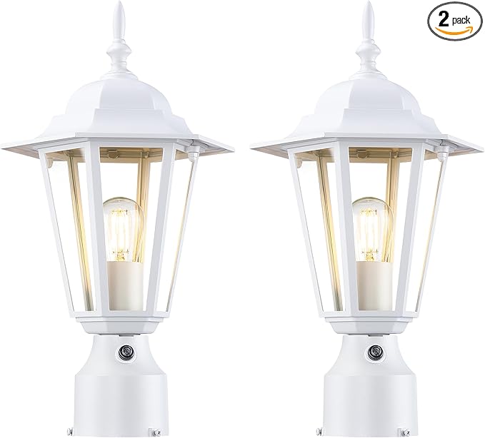 Dusk to Dawn Outdoor Post Light, Pole Lantern, Waterproof Die-Cast Aluminum Pole Light Fixture with Glass, Exterior Post Lamp for Garden Yard Patio Pathway, Matte White, 2-Pack