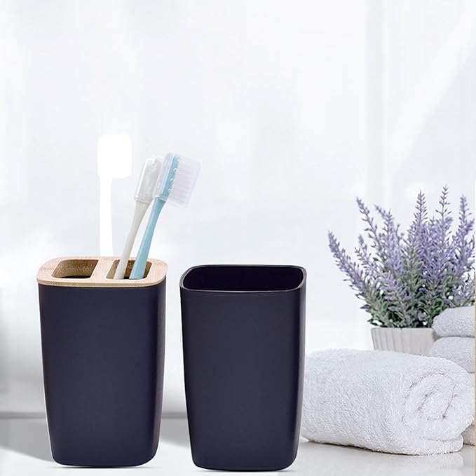 Black Bathroom Accessories Set, 9-Piece Modern Bathroom Accessory Kit with Soap Dispenser, Toothbrush Holder, Mouthwash Cup, 2 Qtip Holders, Trash Can, Soap Dish, Toilet Brush & Vanity Tray
