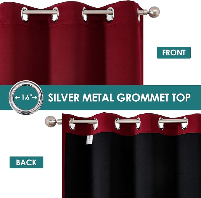 ChrisDowa 100% Blackout Curtains 90 inch Long for Bedroom with Black Liner, 2 Thick Layers Total Blackout Thermal Insulated Grommet Long Window Curtains 2 Panels Set (Burgundy, 52 x 90 Inch)