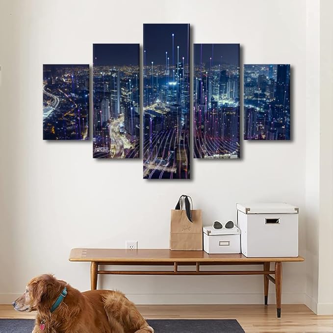 5 Panel Advanced City Poster Modern Digital Transformation Canvas Art Big Data Connection Picture Printing Internet Workers Living Room Bedroom Wall Decor Frame and Stretched Ready to Hang 60x40 Inch
