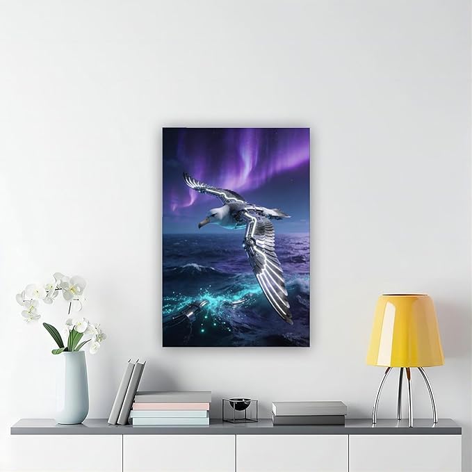 Framed Steampunk Mechanical Seagull Wall Art - Aurora Ocean Retro Poster for Bedroom Game Room Decor 12x18inch(30x45cm)